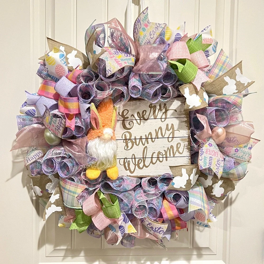 23” Easter Ribbon Wreath Bunny Gnome in Pink, Purple & White Handmade W6